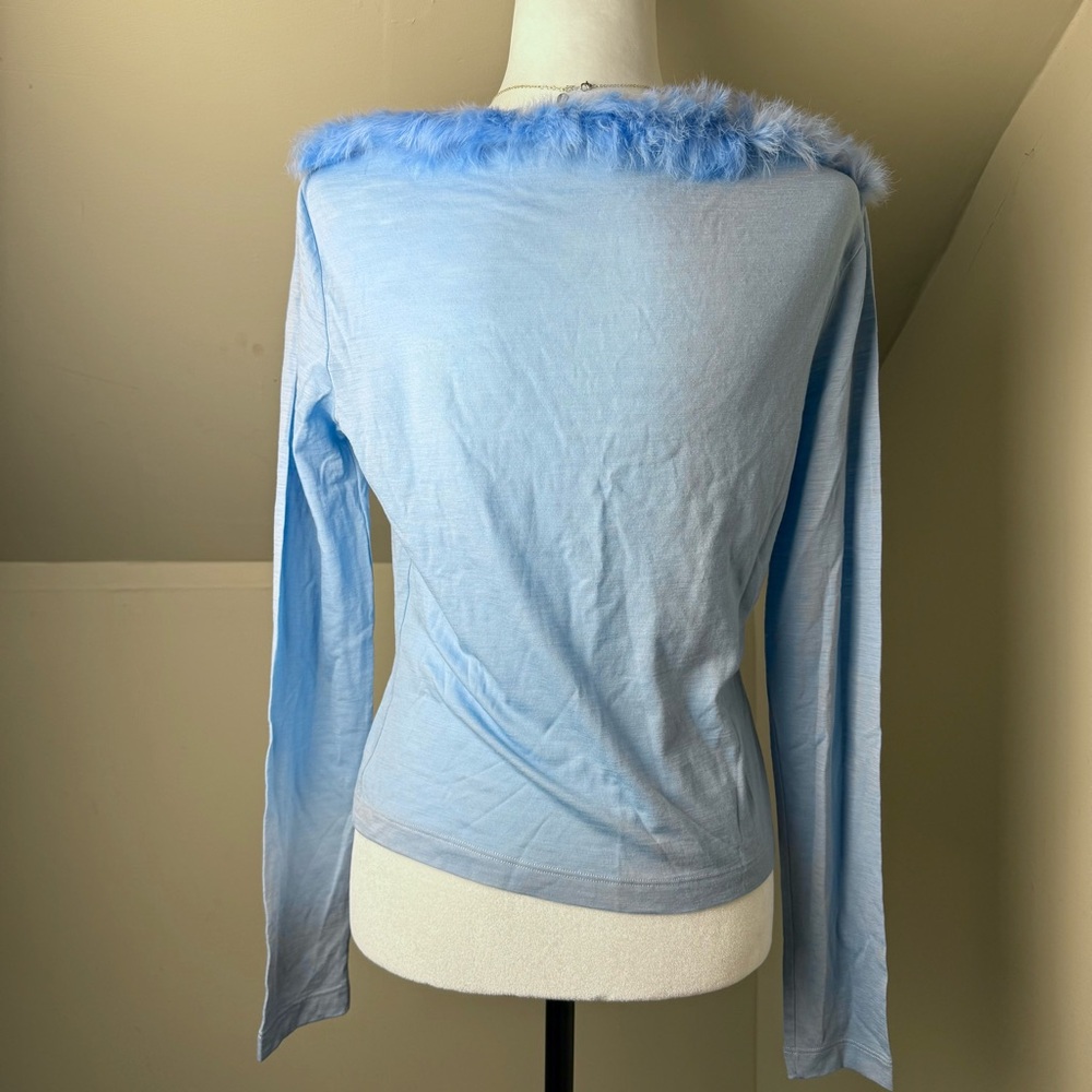 Moschino Pastel Blue Fur Trim Top Long Sleeve Size‎ 10 USA Made in Italy - Picture 9 of 10